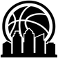 Close-up basketball city horizon vinyl decal in bold black and white skyline hoop design