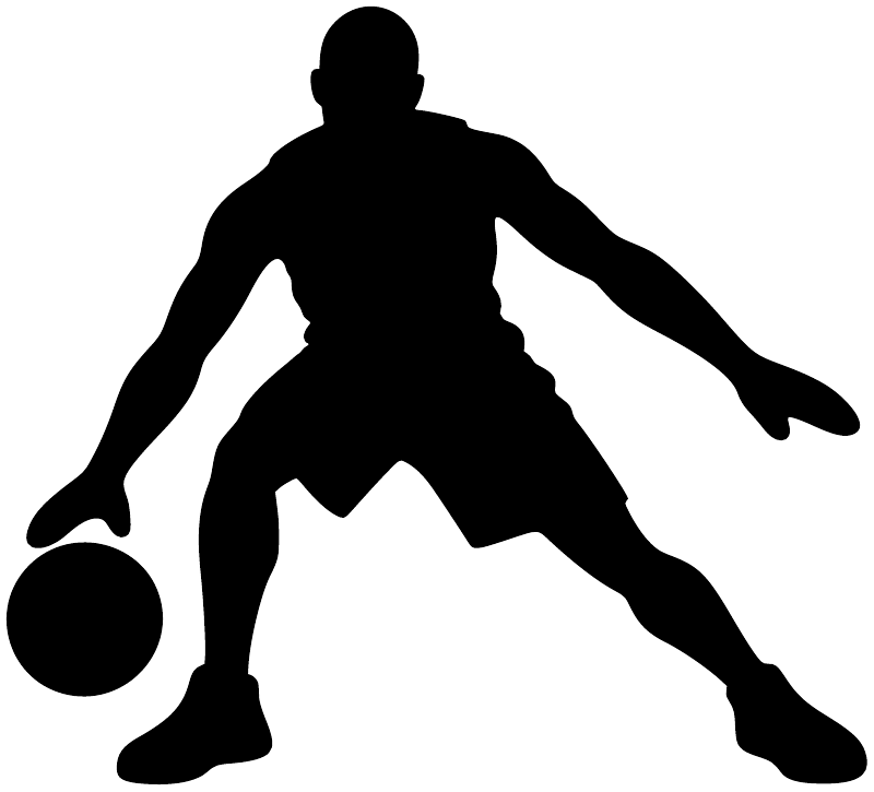 Basketball player vinyl decal silhouette with ball dribbling, solid black on white