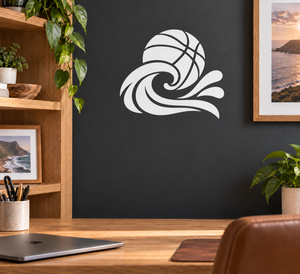 White vinyl basketball and ocean wave swirl decal