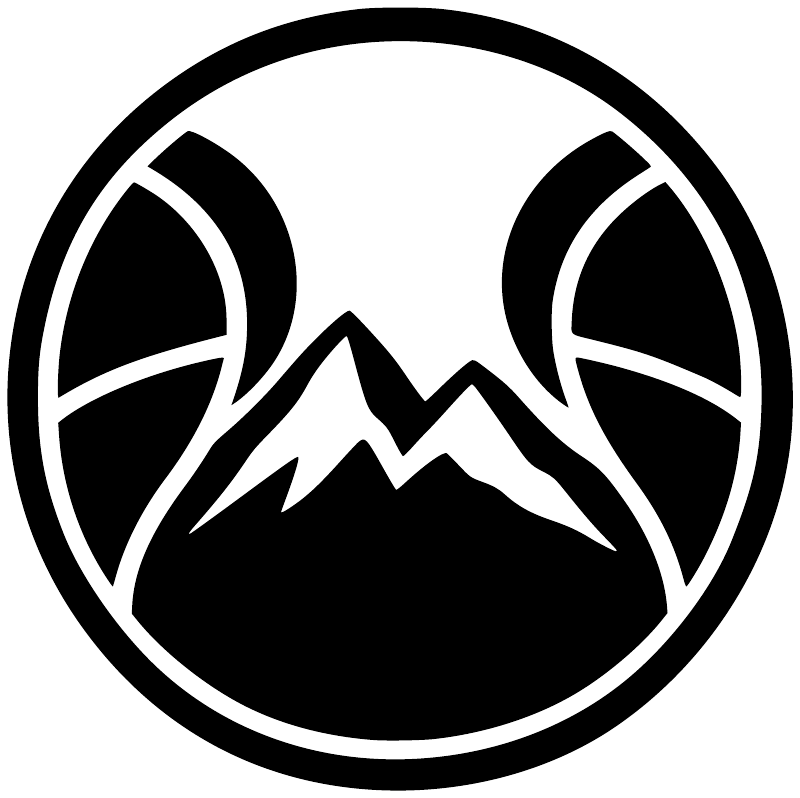 Vinyl decal: black circular basketball-and-mountain design with white outline