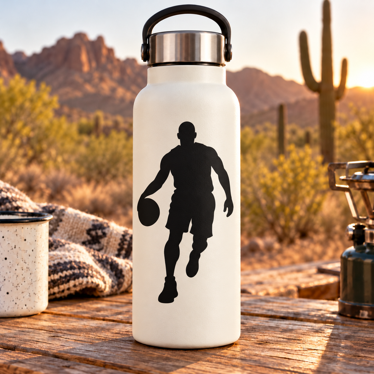 Basketball player vinyl decal silhouette on a light surface, black