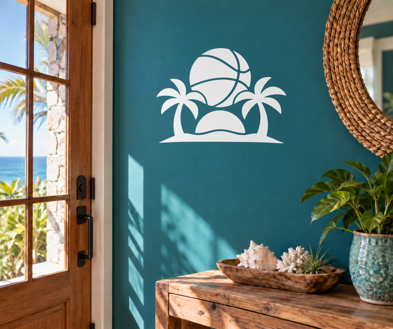 White basketball, palm trees, and sunset vinyl wall decal