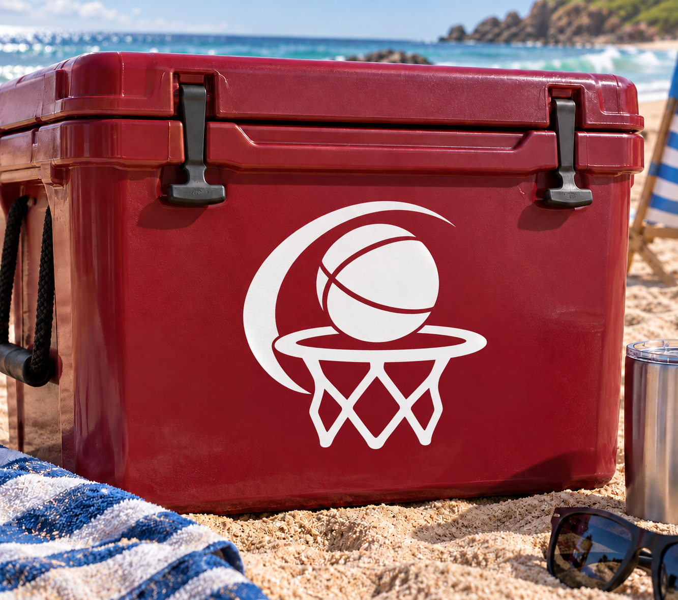 White basketball hoop and moon vinyl decal on a red surface