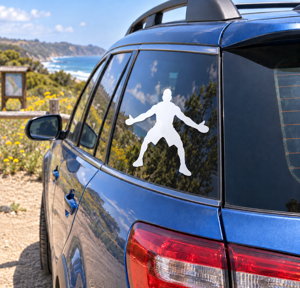 Basketball player silhouette vinyl decal on car window, white outline figure