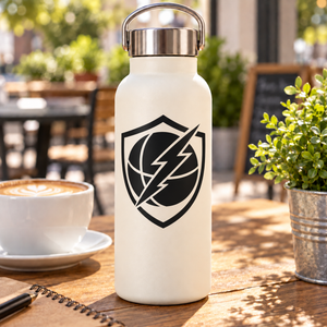 White water bottle with black shield basketball lightning vinyl decal
