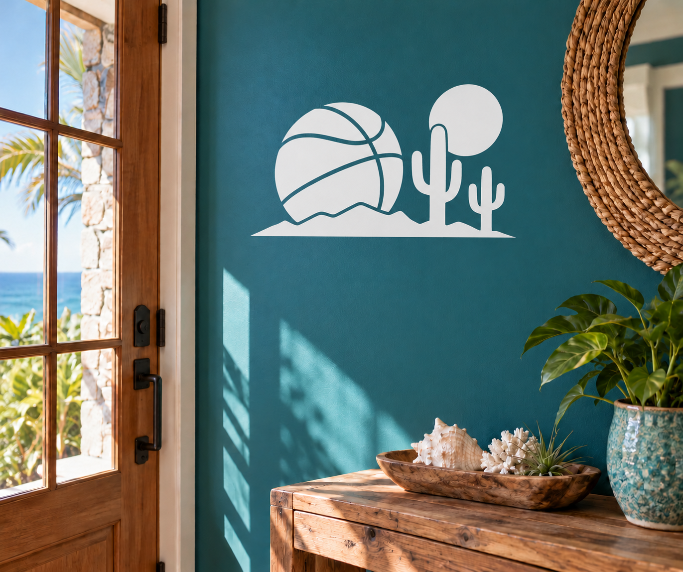 Basketball court vinyl wall decal with basketball, hoop, and cactus graphic