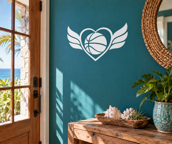 White heart-shaped basketball vinyl decal with wing outlines