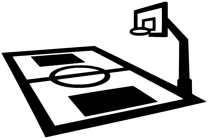 Basketball court horizon vinyl decal, black-and-white court lines with hoop outline icon