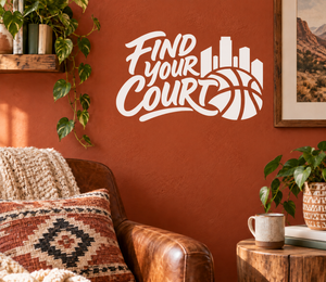 Vinyl basketball court wall decal with “Find Your Court” and basketball graphic