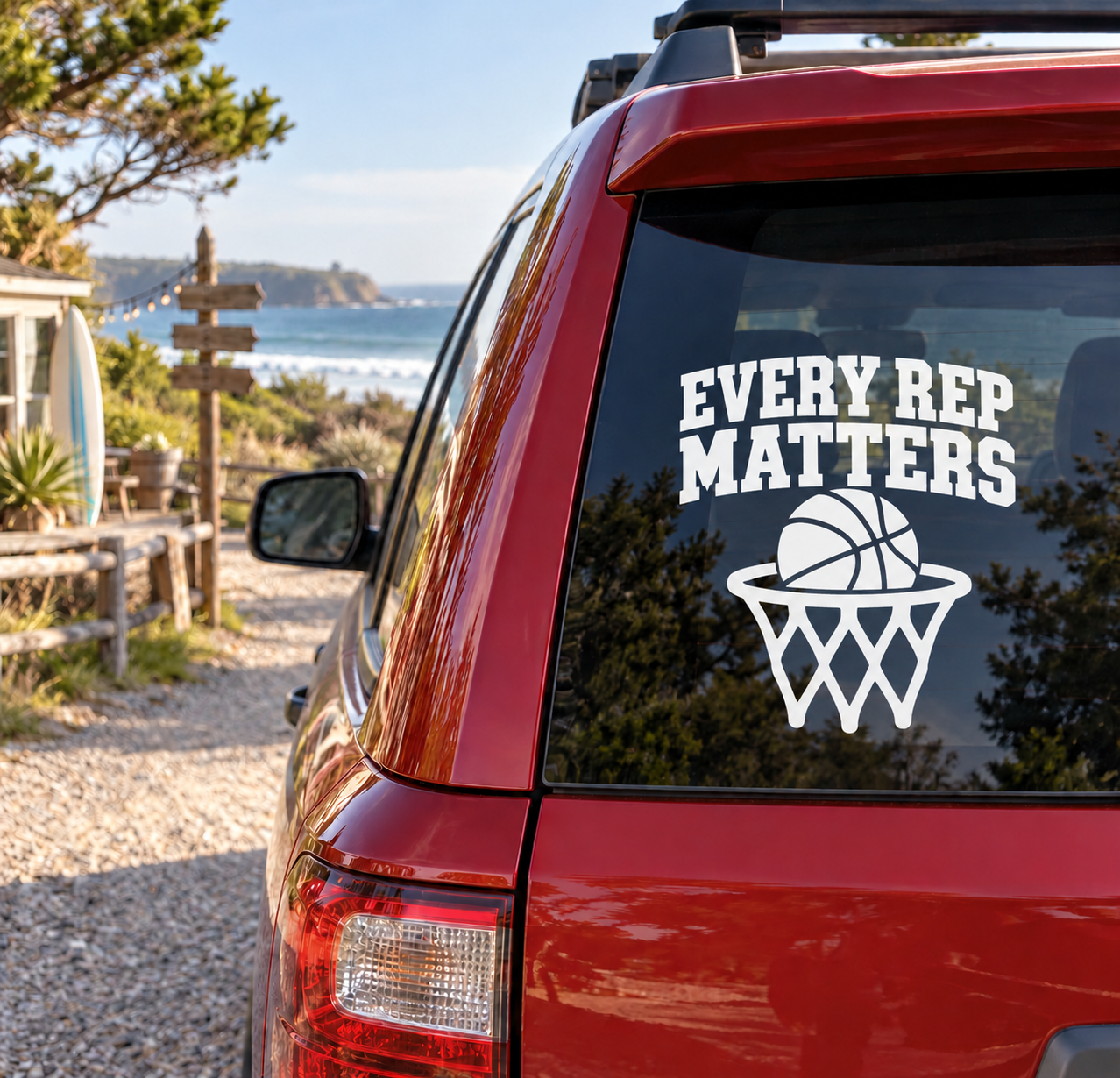 Vinyl decal with 'EVERY REP MATTERS' text and basketball hoop/ball graphic