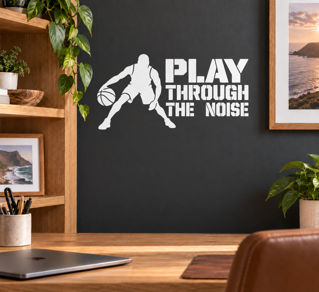 Basketball vinyl decal: player silhouette with 'PLAY THROUGH THE NOISE' text