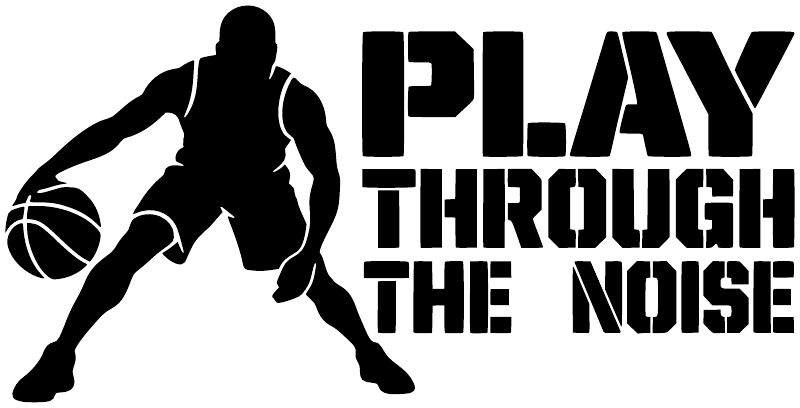 Basketball vinyl decal close-up: player silhouette with 'PLAY THROUGH THE NOISE' lettering