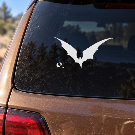 White mirrored bat vinyl decal with crescent and star accents for car windows