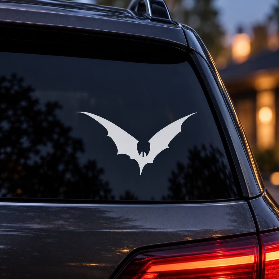 Bat vinyl decal with swept wings and pointed silhouette, white on dark car window
