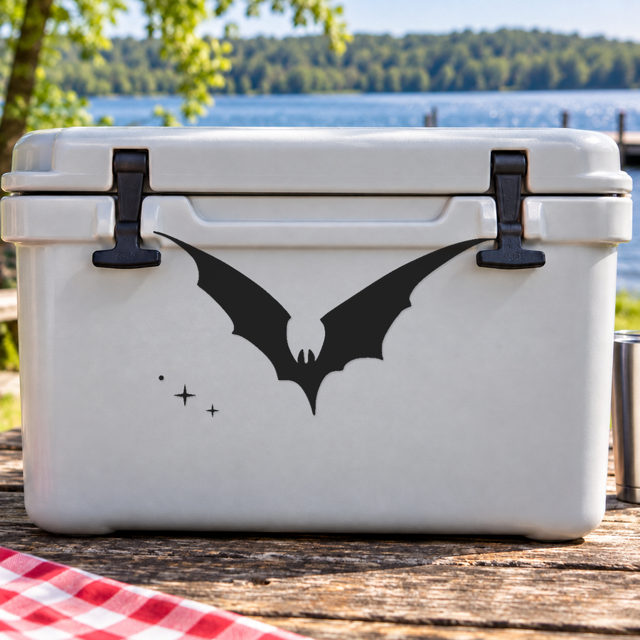White cooler with black bat wing decal and silver latches