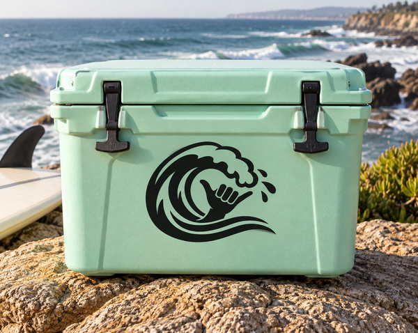 Vinyl decal on mint barrel cooler with bold black shaka wave hand graphic.