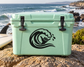 Vinyl decal on mint barrel cooler with bold black shaka wave hand graphic.
