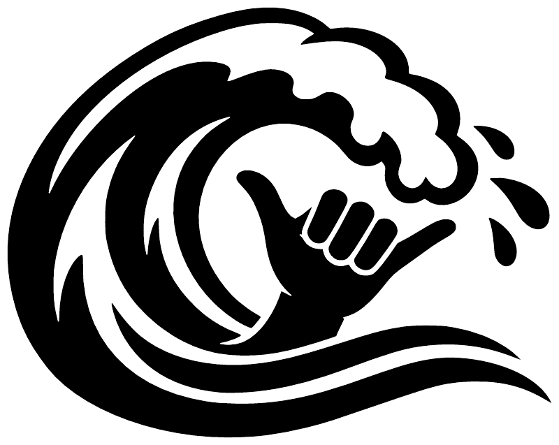Black vinyl decal graphic of a wave and shaka hand sign.