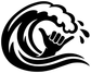 Black vinyl decal graphic of a wave and shaka hand sign.