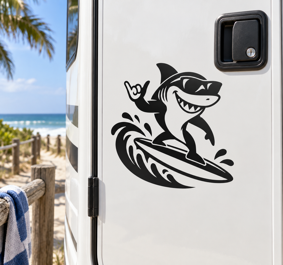 Black-and-white shark surfing vinyl decal with wave and surfboard graphics
