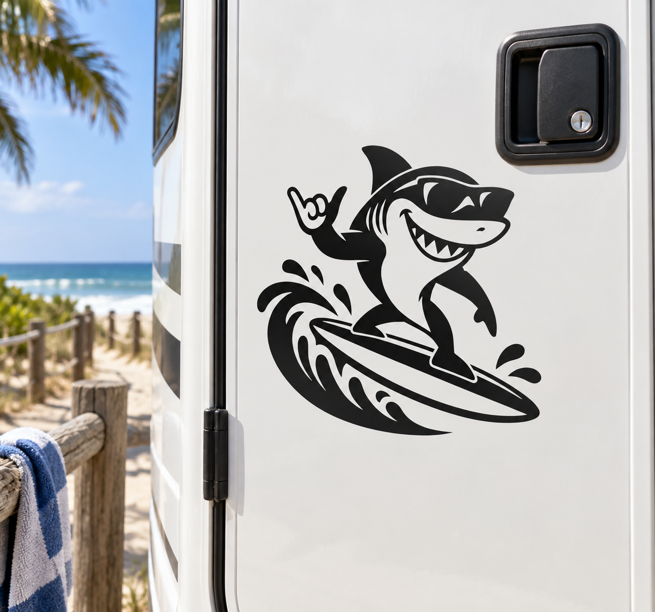 Black-and-white shark surfing vinyl decal with wave and surfboard graphics