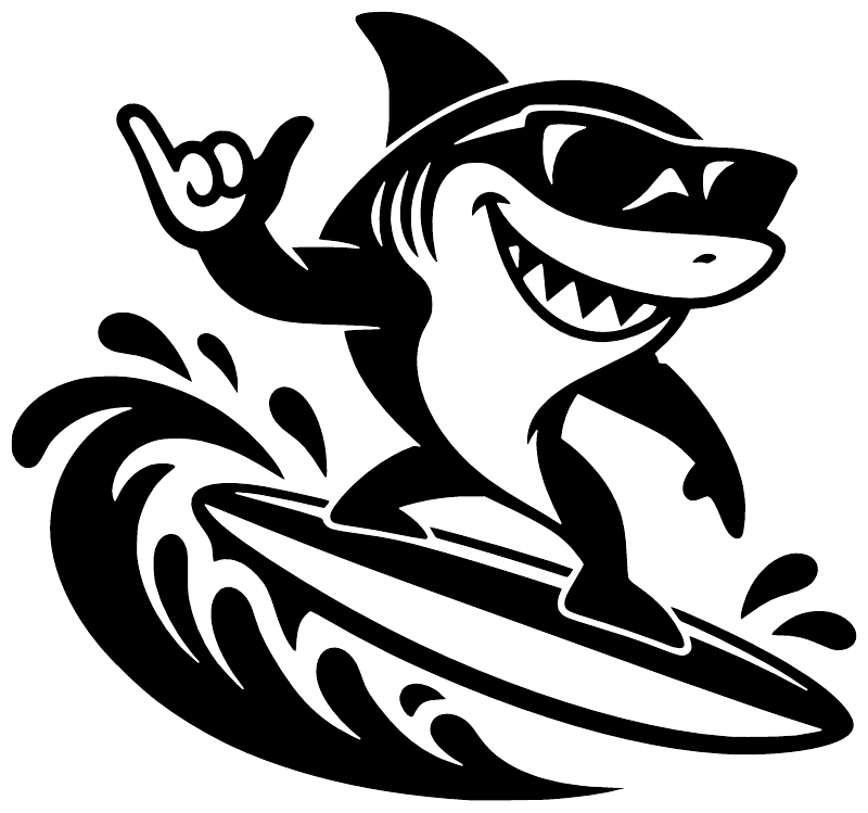 Black-and-white stylized shark surfing vinyl decal with bold surfboard and waves