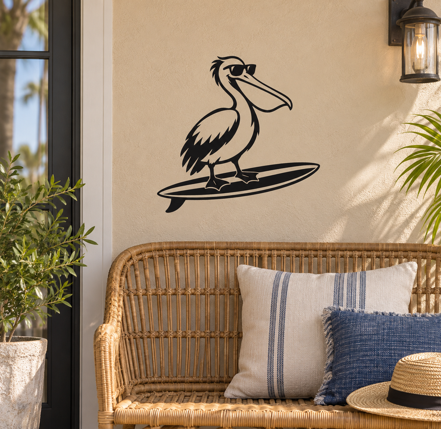 Pelican surfboard vinyl decal, black silhouette on wall