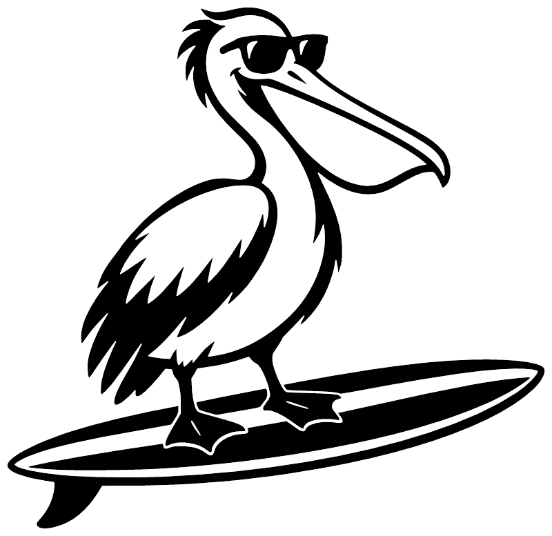 Pelican on surfboard vinyl decal, bold black outline design