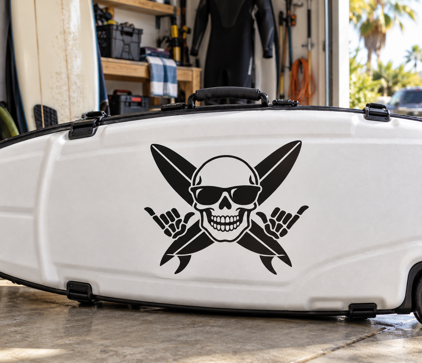 Skull vinyl decal with sunglasses and crossed swords on a white car hood