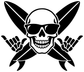 Skull vinyl decal emblem with sunglasses, crossed blades, and handprint details