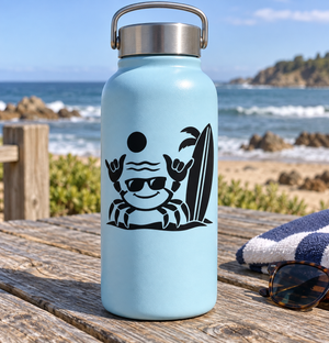 Light blue bottle with black cartoon crab vinyl decal