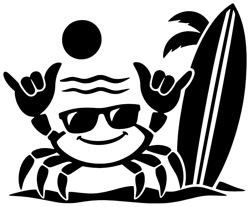 Black cartoon crab vinyl decal sticker with surfboard and sunglasses