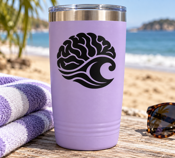 Purple tumbler with black wave brain vinyl decal