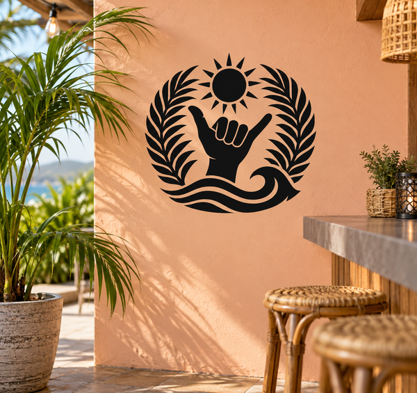 Tropical shaka vinyl decal: black sun, hand in prayer, laurel leaves, wave design