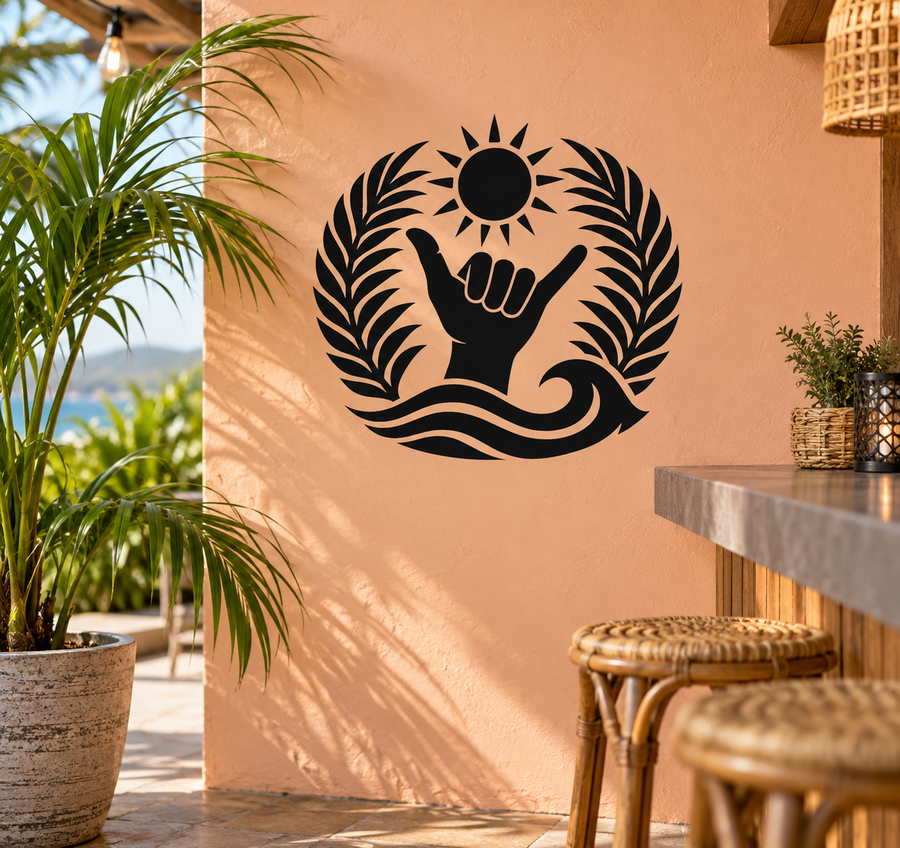 Tropical shaka vinyl decal: black sun, hand in prayer, laurel leaves, wave design
