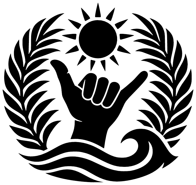 Tropical shaka vinyl decal close-up: black sunburst, praying hand, waves and leaves