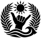 Tropical shaka vinyl decal close-up: black sunburst, praying hand, waves and leaves