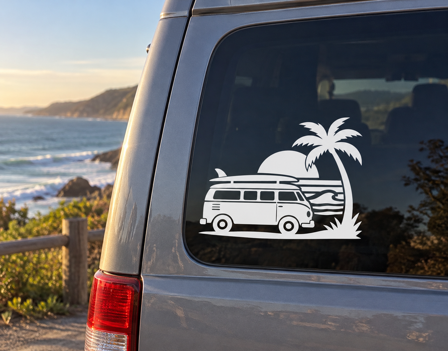Black surf camper vinyl decal with palm trees on van window