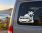 Black surf camper vinyl decal with palm trees on van window