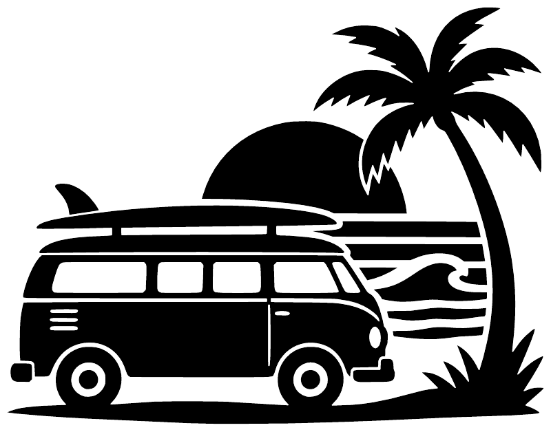 Black and white surf camper vinyl decal featuring a van, palm trees, and beach waves