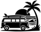 Black and white surf camper vinyl decal featuring a van, palm trees, and beach waves