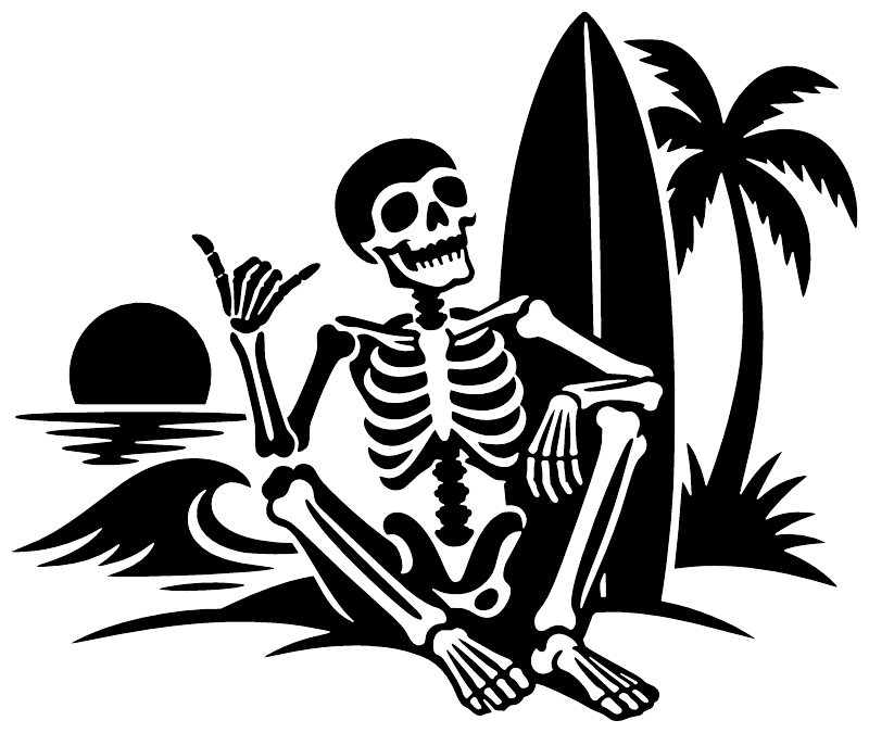 Black skeleton surfer vinyl decal with surfboard and palm tree