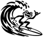 Black frog surfer vinyl decal with wave and surfboard, cutout silhouette