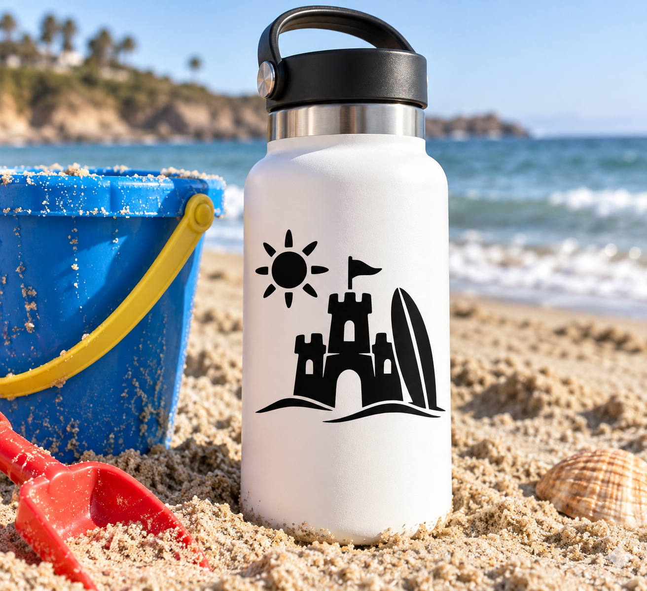 Vinyl decal featuring a black sandcastle with sun and flag, shown on a water bottle