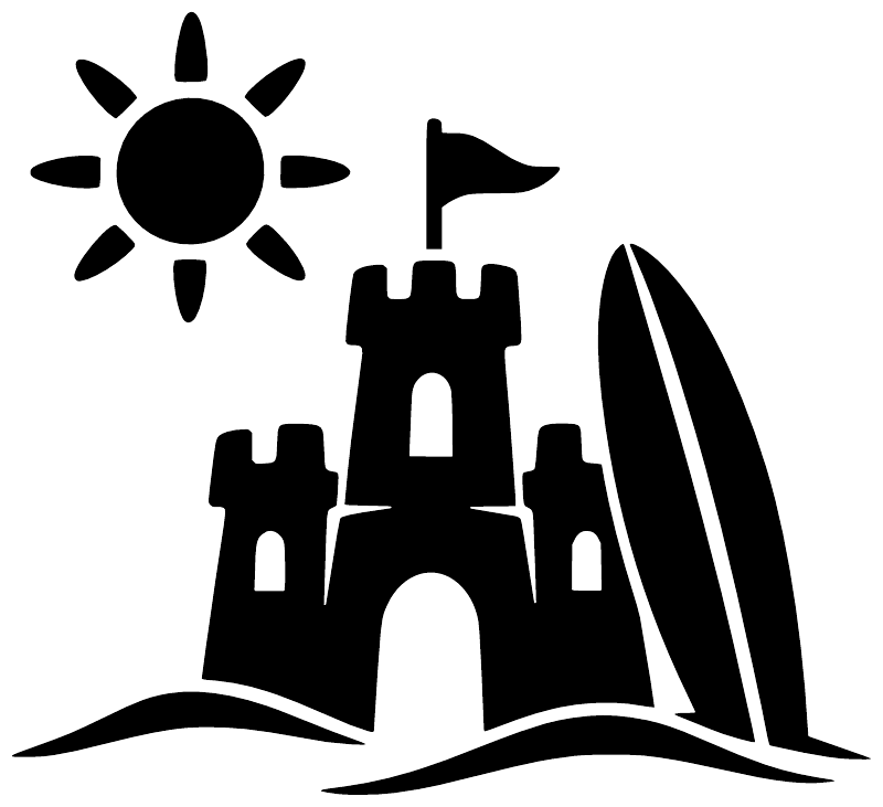 Black sandcastle vinyl decal with sun, flag, and waves