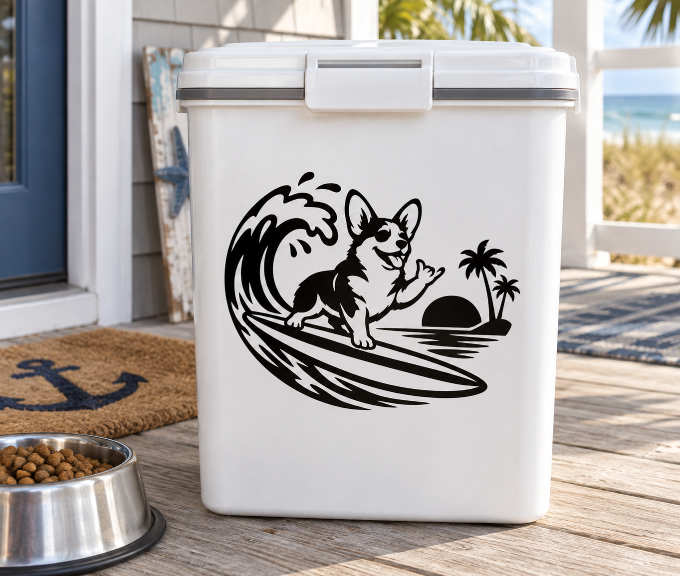 Black surfer corgi vinyl decal with wave and palm trees on a white surface
