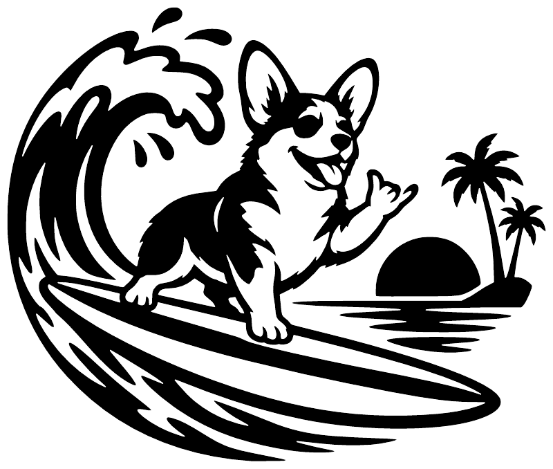 Close-up black surfer corgi vinyl decal riding a wave with palm trees