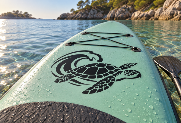 Swell turtle vinyl decal graphic on light teal surface with black turtle and waves