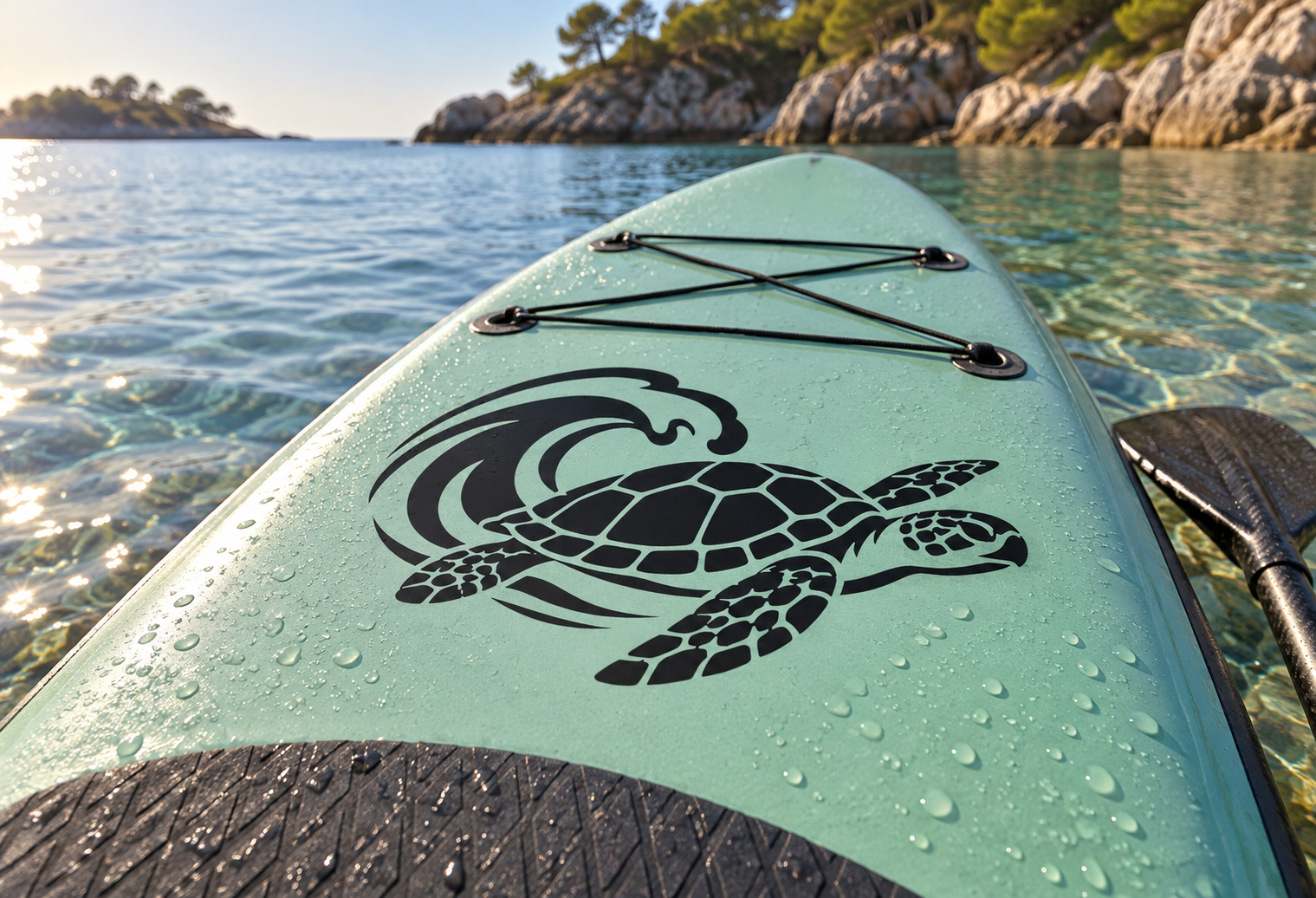 Swell turtle vinyl decal graphic on light teal surface with black turtle and waves