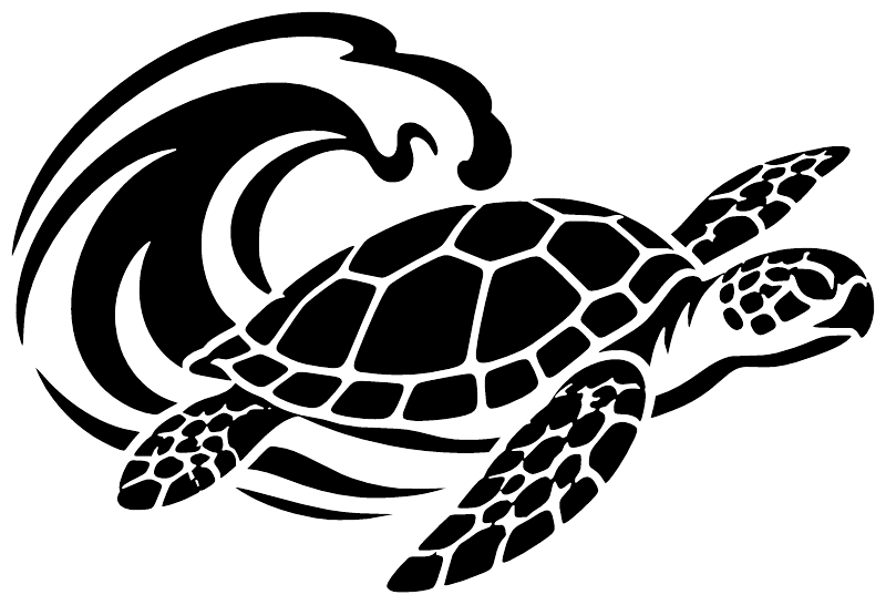 Black turtle and wave vinyl decal with detailed shell and flippers on white background